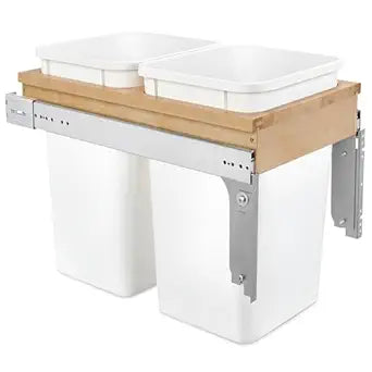 Rev-A-Shelf 27 Qt Top Mount Double Pullout Under Cabinet Kitchen Trash Cans for Base Cabinets, 150 Pound Rated Full-Extension Slides, Min Opening Width of 12", White, 4WCTM-15DM2