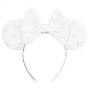 bianbaistar White Velvet Mouse Ear Headband with Pearl Accents - Elegant & Sweet Accessory for Parties, Theme Parks & Festive Gatherings