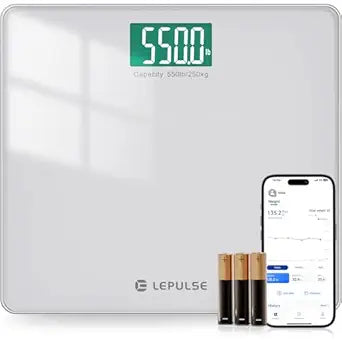LEPULSE 550lb Bathroom Digital Scale for Body Weight BMI, Extra Wide Platform High Capacity Large Backlit Display, Most Accurate Bathroom Scale up to 550 lbs Weight Scale with APP, 8mm Tempered Glass
