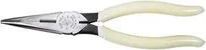Klein Tools D203-8-GLW Long Nose Pliers, Hi-Viz Glow In the Dark Pliers with Extended Grips For Reach and Leverage, 8-Inch