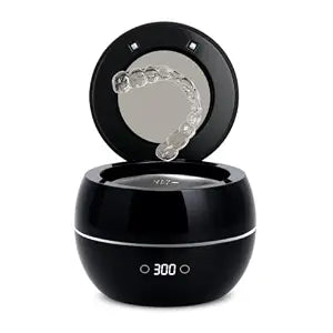 Dental Ultrasonic Retainer Cleaner Machine: 45kHz Dental Cleaning Pod for Denture, Aligner, Mouth Guard, Night Guard, Braces & Jewelry, UV Denture Cleaner with Digital Timer & Dual Mode 250ML Black