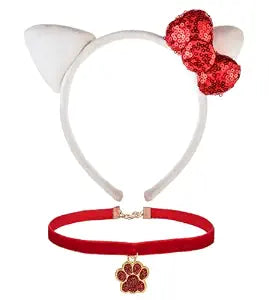 Merroyal Cute White Cat Ears Headband with Pink Bow Hair Accessories for costumes and everyday wear (White and Red, One Size)