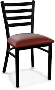 Ladder Back Chair, Vinyl Padded Seat, Metal Frame, 2.5" Thick Cushion, 330 lb. Capacity, Modern Style, Armless (Burgundy Vinyl, Black Finish)