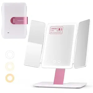 EASEHOLD Foldable Tri-Fold Lighted Makeup Vanity Mirror with 60 LED Lights, 1X/2X/3X Magnification, Touch Control Dimming, 3000mah Rechargeable, 360 Rotation, Portable Travel Folding Compact Mirror