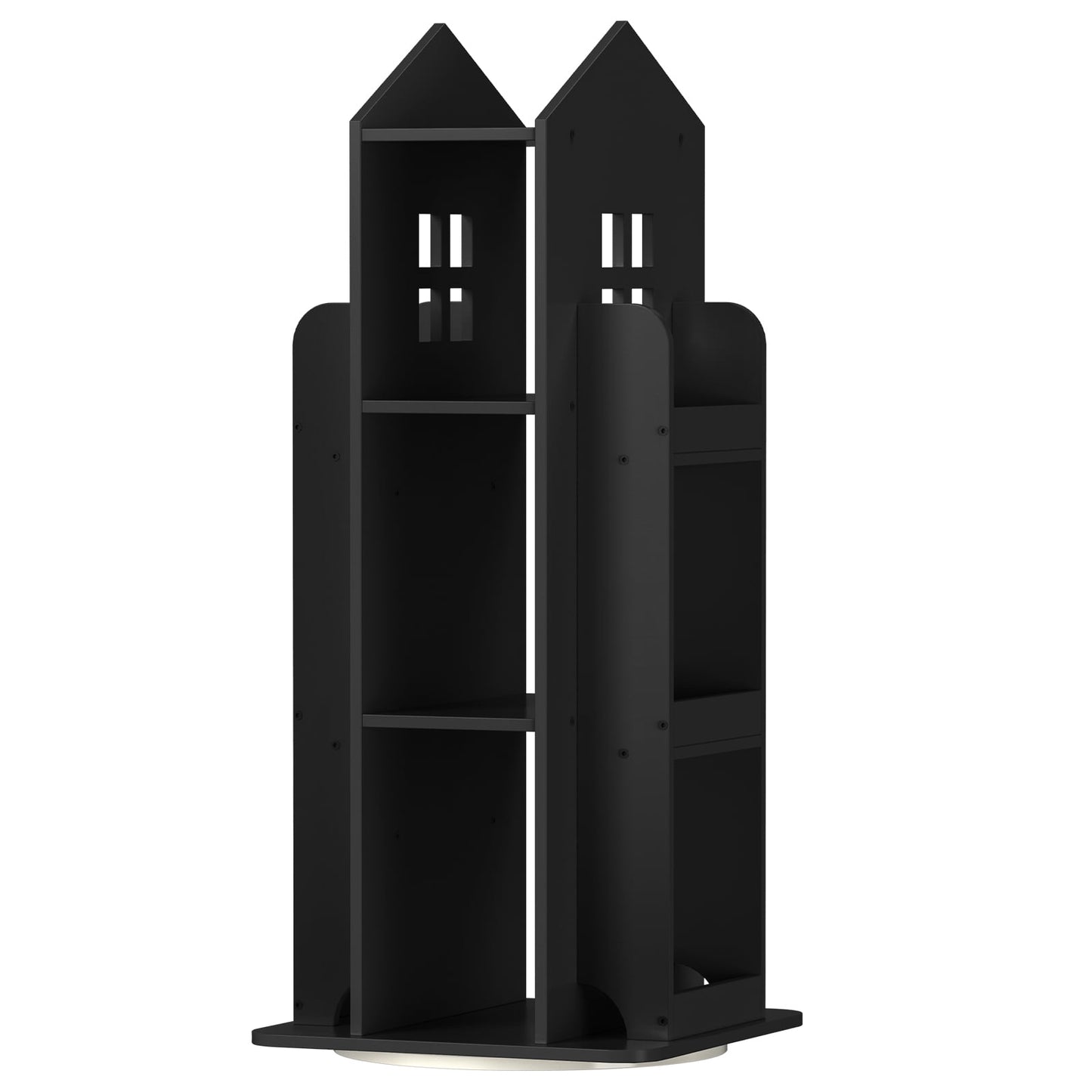 360° Rotating Kids Bookshelf, Black Engineered Wood House-Shaped Bookcase, 38in Tall Storage Organizer for Bedroom, Playroom, Living Room