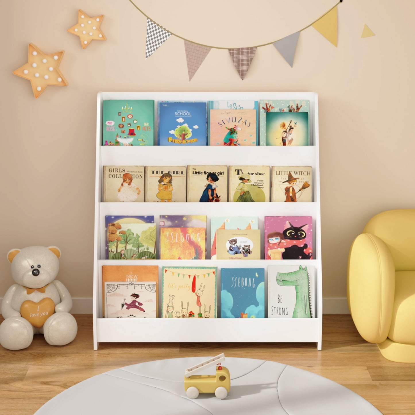 4-Tier Bookshelf,Book Display Shelves,Toy Storage Organizer for Kids Room Playroom Nursery,White 01
