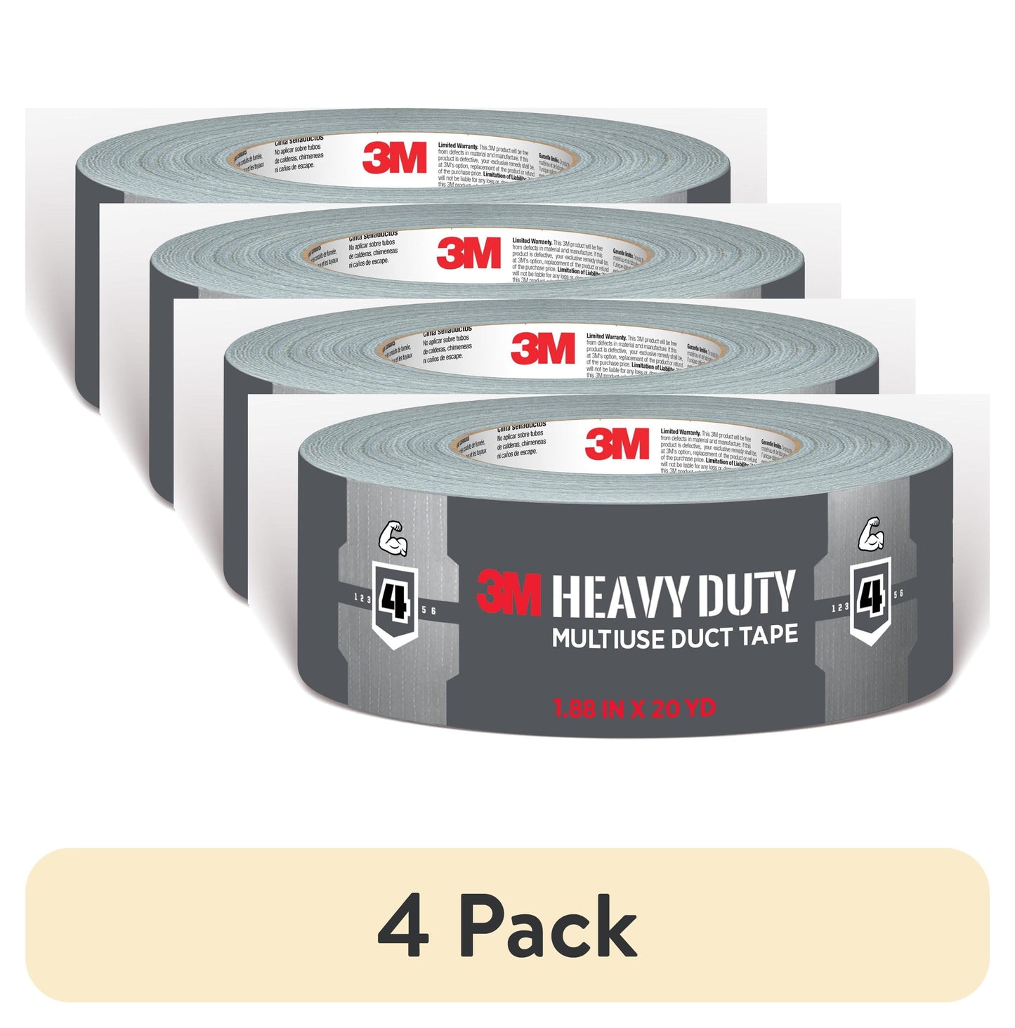 (4 pack) 3M Heavy Duty Duct Tape, Grey, Multipurpose, 1.88 in. x 20 yd., 1 Roll