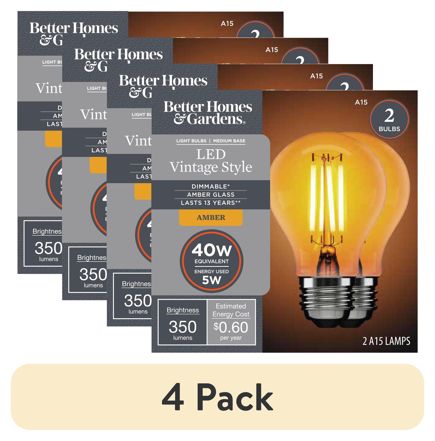 (4 pack) Better Homes & Gardens A15 Vintage LED Amber Light Bulb, 40 Watt Eqv, E26, Dimmable - 2 Pk