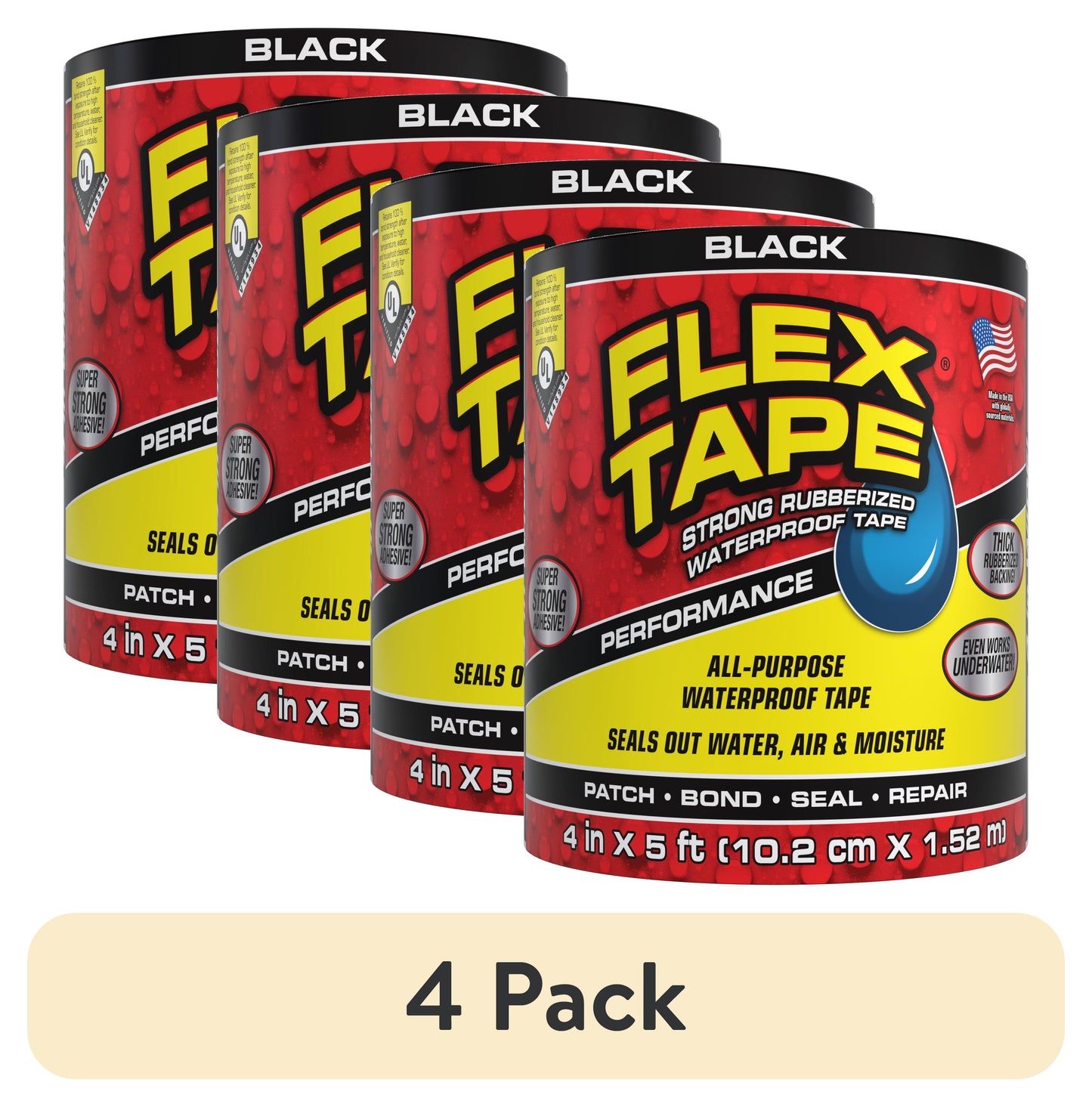 (4 pack) Flex Tape Automotive Strong Rubberized Waterproof Tape, 4 Inches x 5 Feet, Black