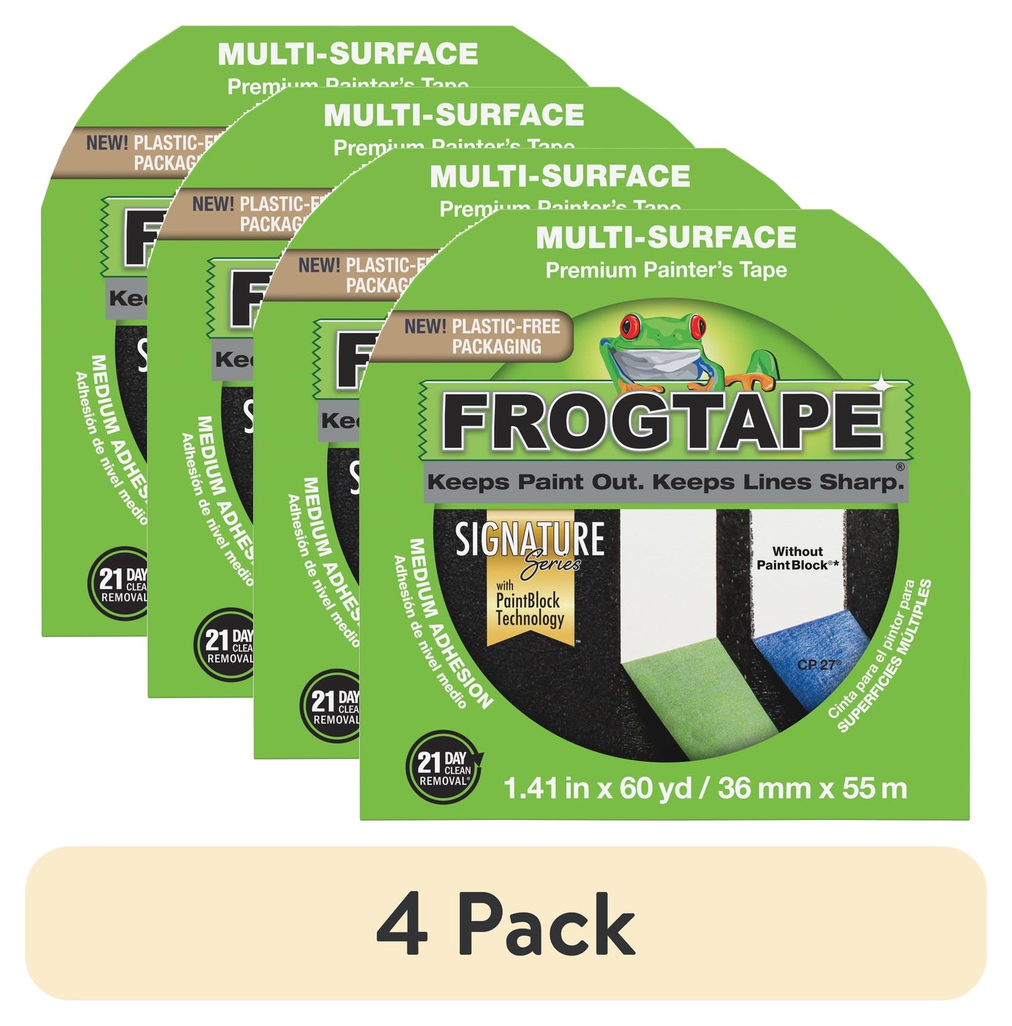(4 pack) FrogTape Multi-Surface Painter's Tape - Green, 1.41 in. x 60 yd.