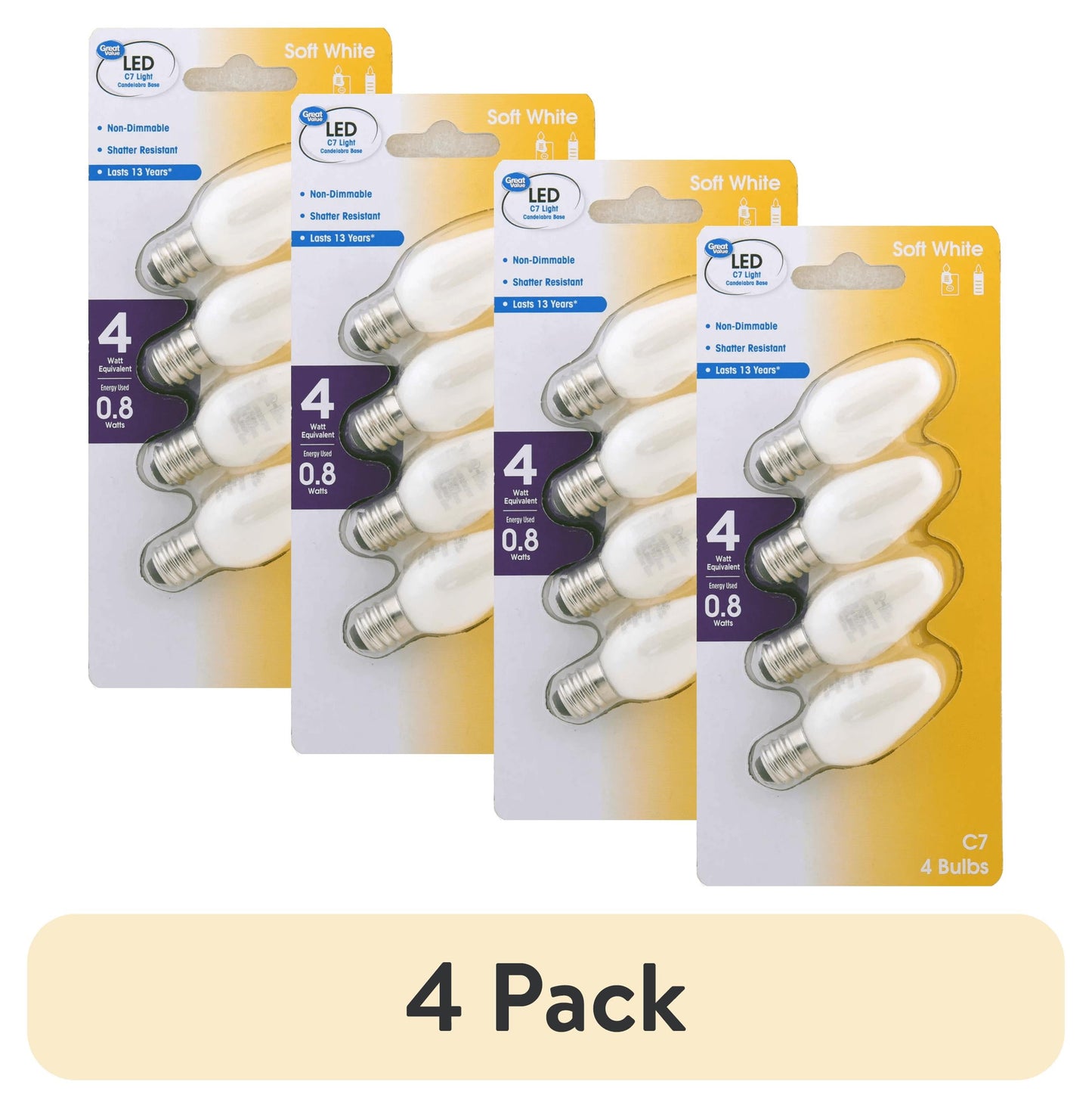 (4 pack) Great Value LED C7 Deco Light Bulbs, 0.8W (4W Equivalent) Soft White Candelabra Base Light (4 Pack)