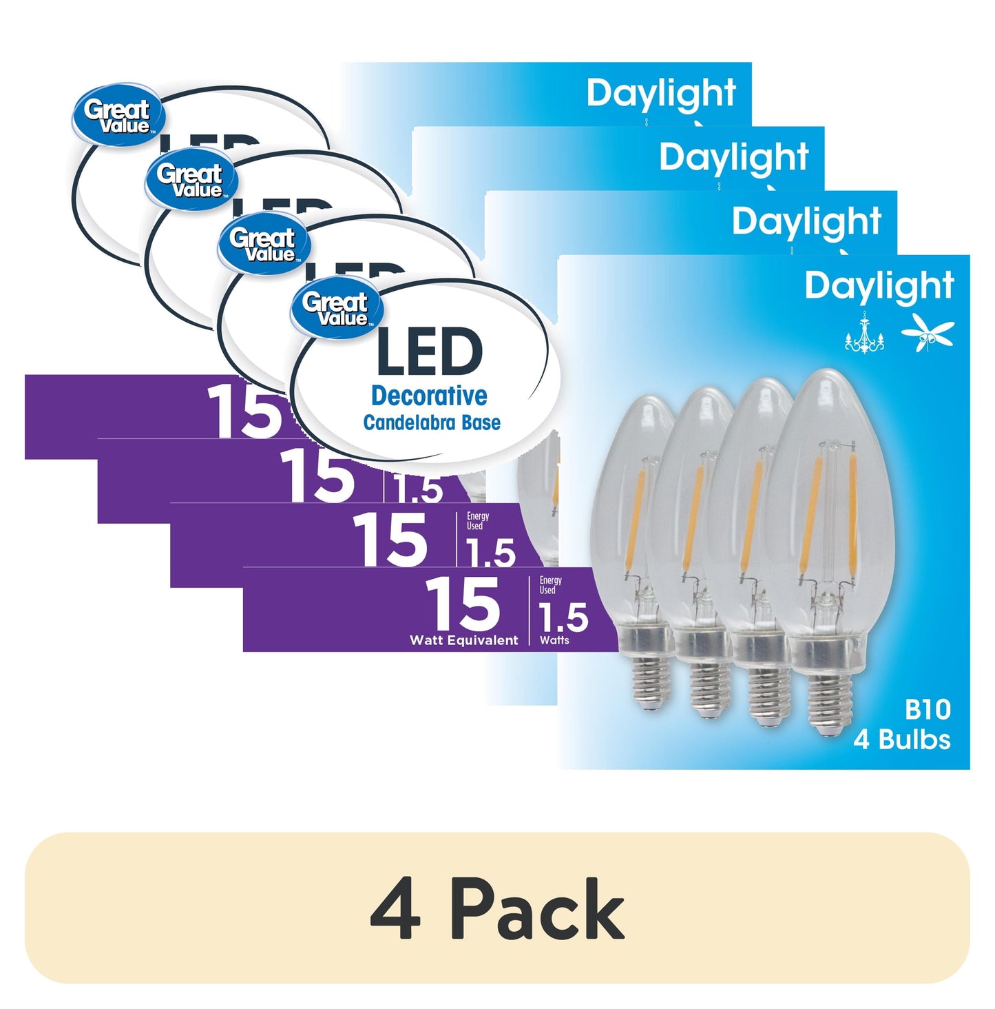 (4 pack) Great Value LED Light Bulb, 1.5 Watts (15W Equivalent) B10 Deco Lamp E12 Candelabra Base, Non-dimmable, Daylight, 4-Pack