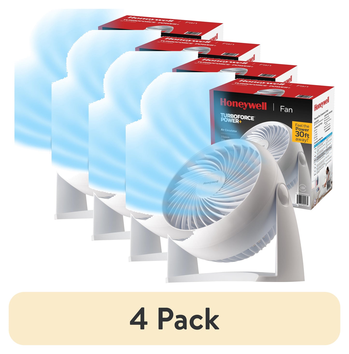 (4 pack) Honeywell 10†White Turbo Force Power Table Fan, 30ft. Air Circulation Power, 3 Speed, 90° Pivot, HPF820WWM