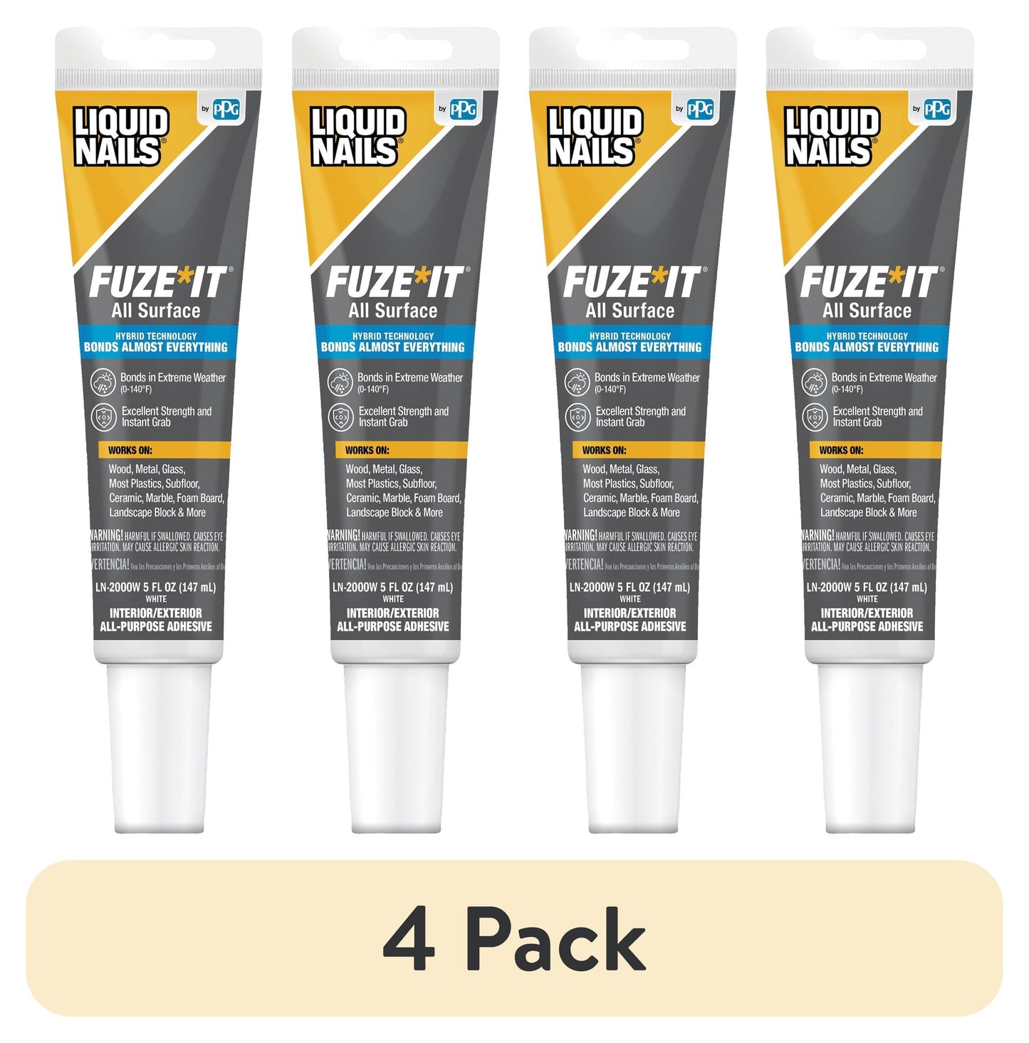 (4 pack) Liquid Nails Fuze*It All Surface Construction Adhesive (LN-2000W), 5 oz