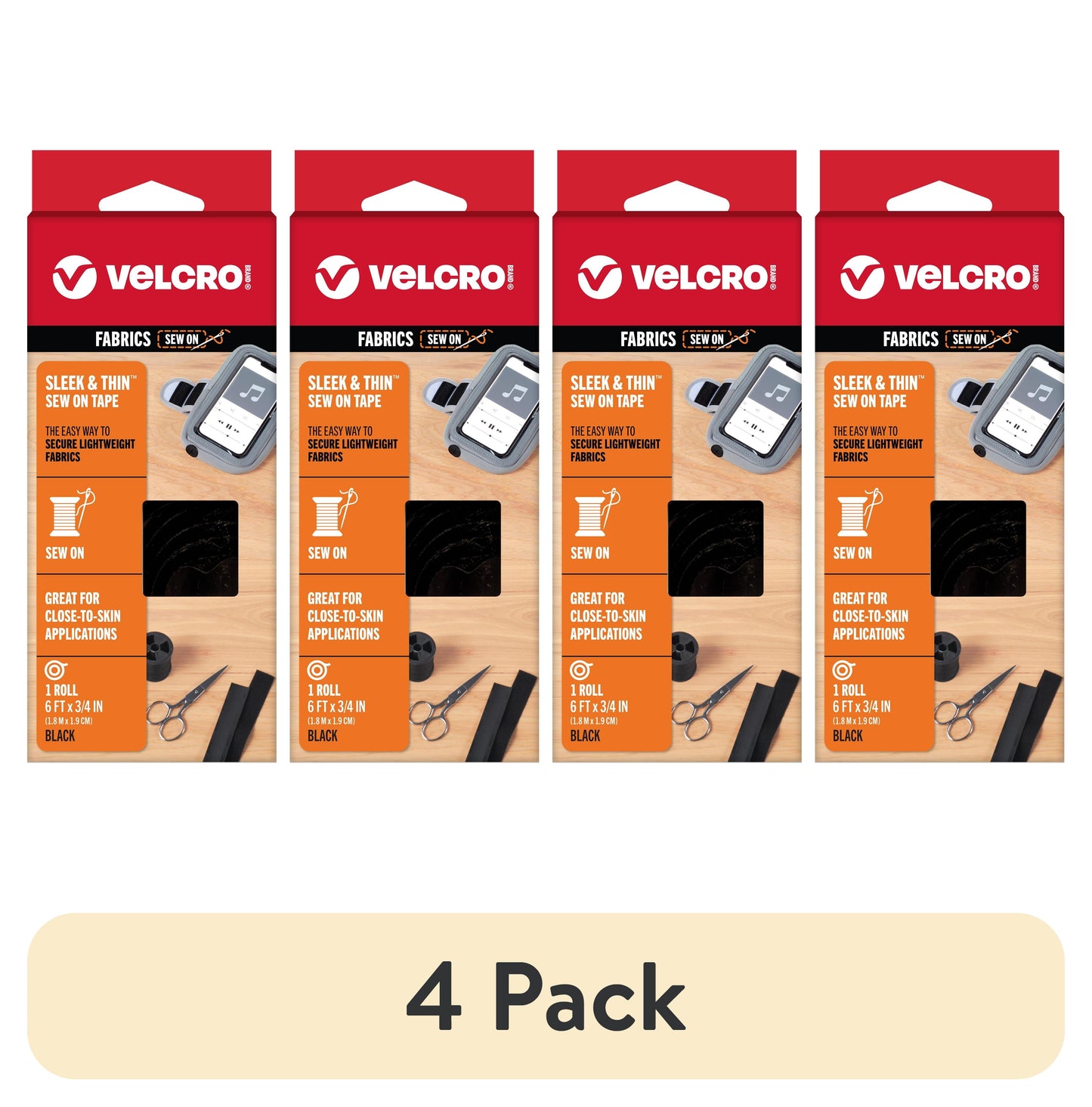 VELCRO Marca Sleek and Thin para Telas Cinta de 6 Pies x 3/4 Pulgadas, Negro Suave en la Piel Ultra Ligero con TecnologÃa de Carril de Costura VEL-30185-USA
