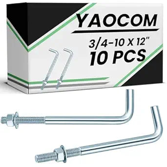 Yaocom 10 Pcs J Bolt Galvanized Anchor Bolts Galvanized Concrete Fastener Concrete Cement Post Anchor with Nuts and Washers for Foundation Wall Hardware Brick Projects, Gray (3/4-10 x 12)