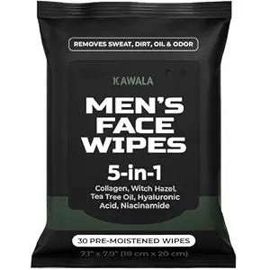 Face Wipes for Mens 5-in-1 Anti-Aging Facial Cleansing Sweat Wipes for Skin Care with Collagen, Witch Hazel, Tea Tree Oil, Hyaluronic Acid, Niacinamide for Oily or Acne-Prone Skin Woodsy Scent
