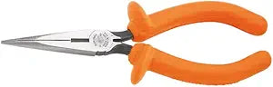 Klein Tools D203-7-INS Insulated Long Nose Side-Cutter Pliers, Curved Handles Covered In Dual Layer Insulation with Hand Guards, 7-Inch