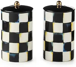 MACKENZIE-CHILDS Farmhouse Salt and Pepper Shaker Set, Ceramic Salt and Pepper Holders, Black-and-White Courtly Check