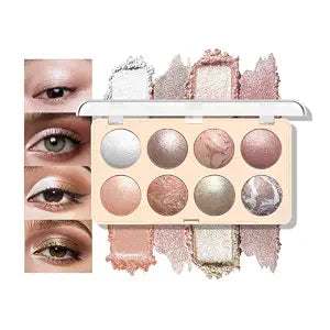 Baked Shimmer Makeup Palette, 8-Color Neutral Champagne Rose Gold Eyeshadow & Highlight Palette ��� High Pigment Soft Glow, No Fallout, Long-Lasting Eye Makeup for Everyday & Glam Lo