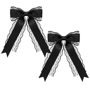Giantree 2 Pcs Black Lace Hair Bow Clips for Women, Cute Lace Hair Bows Clips with Long Tail Ribbon for Wedding Halloween Gothic Dress Decor Accessories Gift