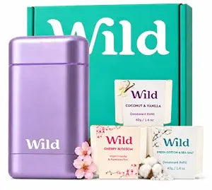 Wild Aluminum Free Natural Deodorant Starter Kit - Refillable Purple Case - Natural Ingredients & 24 Hour Odor Protection - Women's - Fresh Scents Variety Pack - Case + 3 Refills