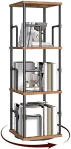 MAHANCRIS 3-Tier Rotating Bookshelf, Freestanding Corner Bookshelf, 360 Spinning Bookcase, Industrial Style Storage Rack with Rails, for Living Room, Bedroom, Study, Rustic Brown and Black BKHR1401