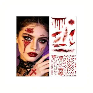 Halloween Fake Blood Face Tattoos & Gems, Realistic Scars Temporary Tattoos