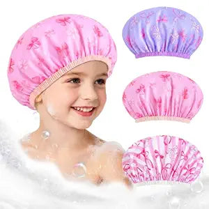 Olypegic Kids Shower Cap, 3 Pcs Girls Shower Cap for Kids Reusable Waterproof Adjustable Large Girl Hair Caps Bow Strawberry Cute Women Hair Cover