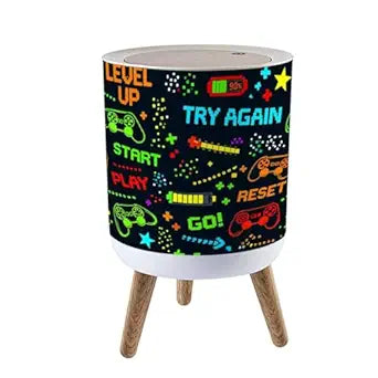 Trash Can with Lid seamless abstract in pixel game style With dice words for boys Press Cover Small Garbage Bin Round with Wooden Legs Waste Basket for Bathroom Kitchen Bedroom 7L/1.8 Gallon