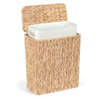 iEGrow Wicker Trash Can, Bathroom Trash Can with Lid, 3 Gallon Natural Water Hyacinth Waste Basket with Removable Liner, for Bedroom, Living Room, Toilet, Under Sink