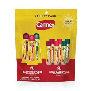 Carmex Daily Care Moisturizing Lip Balm Pack, SPF 15, Multi-Flavor Lip Care Variety Pack Bag, 9 Count (3 Tubes, 6 Sticks)