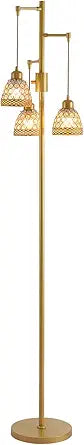 Vintage 3-Head Floor Lamp with Crystal Beads, Industrial Metal Standing Retro Lamp Adjustable Hanging Light for Living Room, Gold