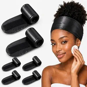 Hercicy 6 Pcs Satin Hair Wrap Adjustable Spa Headband,Black Color