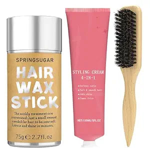 4-in-1 Styling Cream for Flyaways, Curl Defining & Shine – with Slick Back Boar Bristle Brush & Hair Wax Stick – Smooth Sleek Hair Tamer Set, Non-Greasy, for Women & Kids