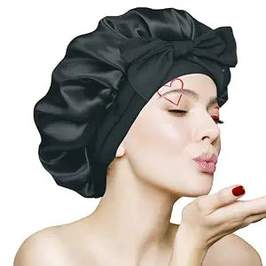 Silk Bonnet for Sleeping Women, Ajustable Hair Bonnet for Curly Hairs Satin Bonnet Reduce Friction Prevent Frizz Black,Large