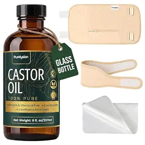 Purelysian Castor Oil Pack Wrap Kit with Castor Oil in Glass Bottle 8 Fl Oz