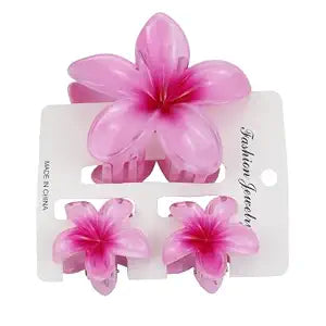 Flower Hair Claw Clip Set,1 Pc Large and 2 Pcs Small Hawaiian Plumeria Claw Clips,Beach Tropical Hair Accessories for Women (Pink)