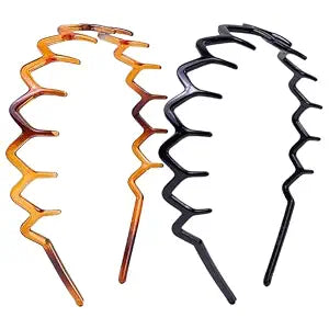 Zig Zag Headbands for Women, Classic 90s Headband with Teeth, Non-Slip Plastic Comb Hair Band for Slicked Back Styles, Curly Hair and Everyday Face Washing Accessories, 2 Pack Black & Brown