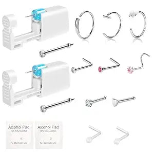 2-Pack Disposable Nose Piercing Kit, Nose Piercing Gun, Self Piercing Kit for Nose Studs and Nose Rings, Hypoallergenic Stainless Studs for Sensitive Skin