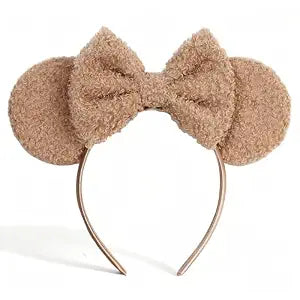 bianbaistar Fuzzy Fleece Headband for Women & Adults - Deep Khaki Mouse Ears & Bow Headband, Stretchy Lightweight Hair Hoop, Comfortable for Daily Wear, Parties & Carnivals
