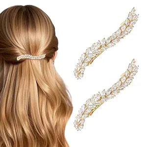 Hair Barrettes for Women Gold Rhinestone Wedding Bridal Fashion Cute Wheat Hair Clips Barrettes Accessories for Women Girls Brides Thin Thick Hair 2PCS