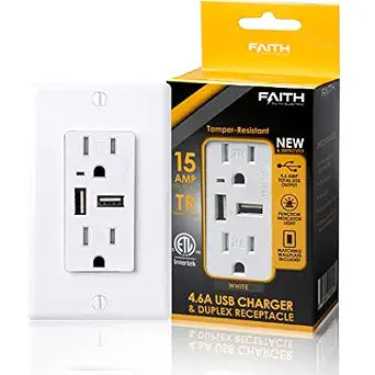 Faith 4.6A White USB Wall Outlet, 15A Tamper-Resistant Receptacles with Wall Plate, 2 Outlets with USB Ports, Compatible with iPhone, Samsung Devices, and More, 1-Pack