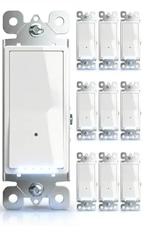 10Pack SOZULAMP-Illuminated-Light-Switch with Night Light, No Neutral Wire, Single Pole Decorator Rocker Switch, Dusk to Dawn LED Guide Light for Hallway Bathroom Stairs, 15A 120/277V, White