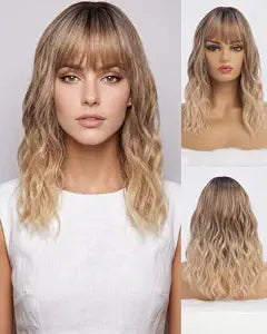 simkaylee Middle Length Blonde Wigs with Bangs for Women Ombre Blond Wig Dark Roots with Water Wave Natural Looking Fringe Bang Wig Heat Resistant Hair for Daily Party Cosplay Use (16inch)