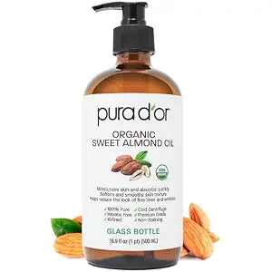 PURA D'OR ORGANIC Sweet Almond Oil (GLASS BOTTLE) Pure Cold-Pressed, 16.9oz