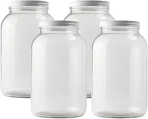 FastRack - One Gallon Wide Mouth Jar with White METAL Airtight Lid (Pack of 4) | Glass Canisters with Airtight Lids | Large Mouth Glass Jar with Fermentation Lid for brewing, fermentation and pickling