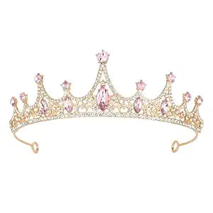 Gold Wedding Crown Crystal Tiara for Women Queen Crowns Princess Headband Pink Rhinestones Tiaras for Bride Sparkle Hair Accessories for Birthday Prom Pageant Party