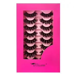 8Pair 3D5D 0.67INCH Thick False Eyelashes Cross Fluffy Natural Look Faux Mink Lashes Volume Fake Eyelashes with Dark Pink Box