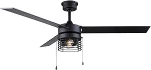 ALDER CF52ALD3BK Ceiling Fan 52" Matte Black, Reversible Plywood Blades in Black and Weathered Maple, Downrod Mount, Pull Chains, Energy-Efficient 4W LED Bulbs Included